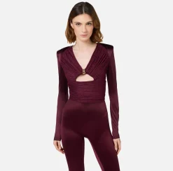 Elisabetta Franchi Jumpsuits|Shiny Lycra jumpsuit with pleated inserts RougeNoir