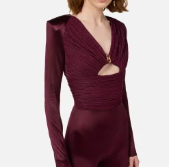 Elisabetta Franchi Jumpsuits|Shiny Lycra jumpsuit with pleated inserts RougeNoir
