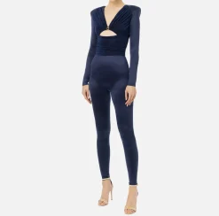 Elisabetta Franchi Jumpsuits|Shiny Lycra jumpsuit with pleated inserts Navy