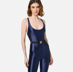 Elisabetta Franchi Jumpsuits|Shiny Lycra jumpsuit with logoed elastic Navy
