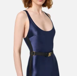 Elisabetta Franchi Jumpsuits|Shiny Lycra jumpsuit with logoed elastic Navy