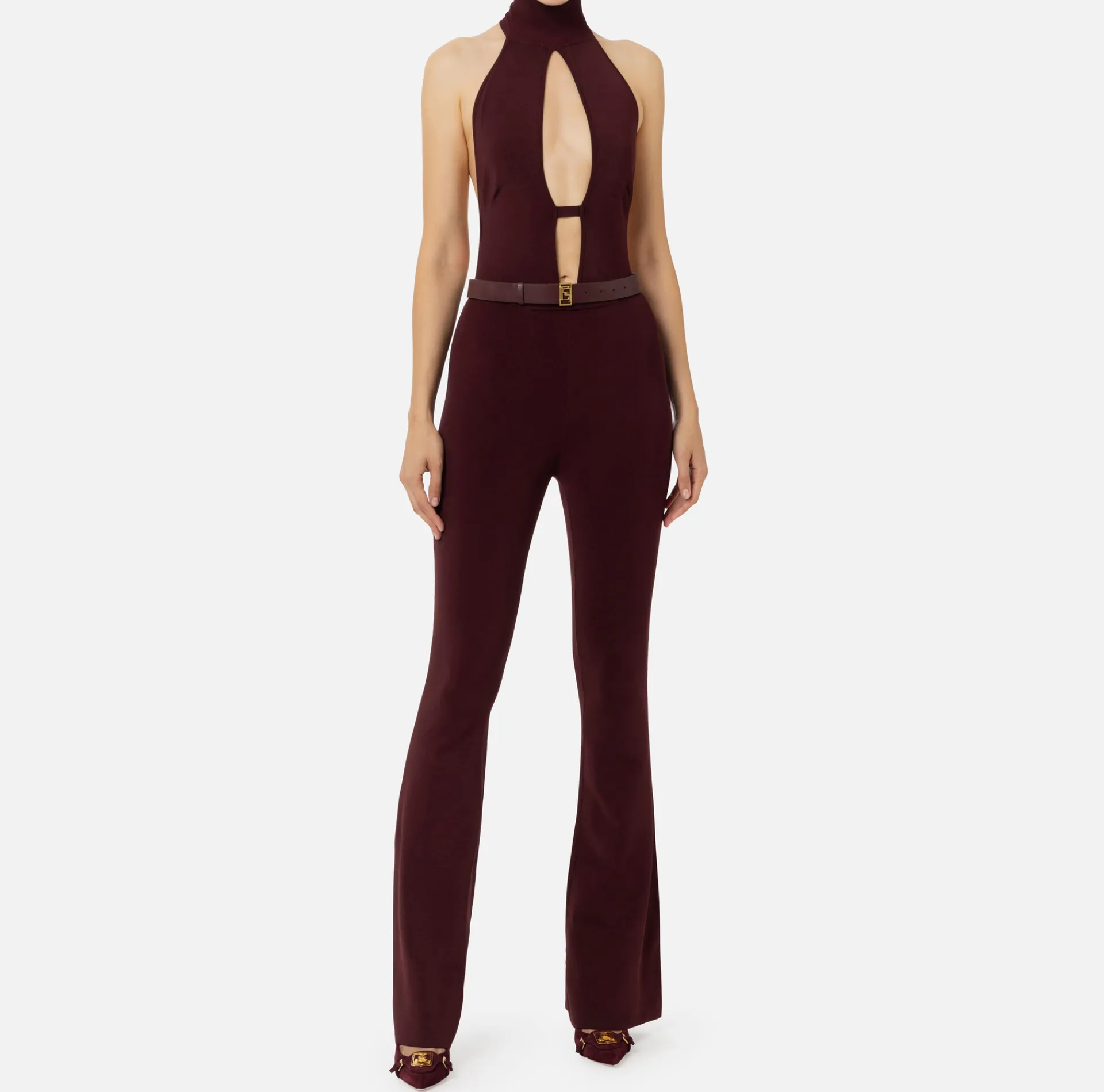 Elisabetta Franchi Jumpsuits|Shiny viscose jumpsuit with belt RougeNoir