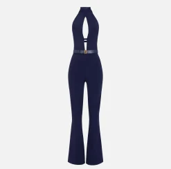Elisabetta Franchi Jumpsuits|Shiny viscose jumpsuit with belt Navy