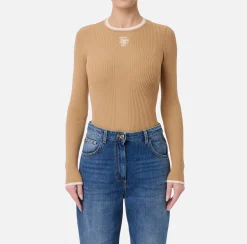 Elisabetta Franchi Knitwear And Sweatshirts|Shirt in viscose fabric with college-style logo Camel/Butter