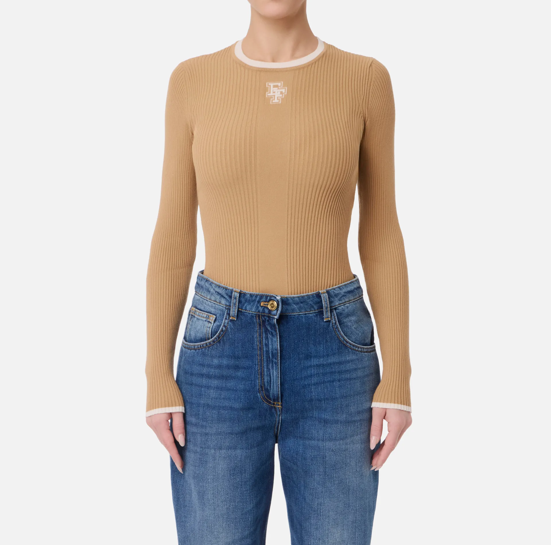 Elisabetta Franchi Knitwear And Sweatshirts|Shirt in viscose fabric with college-style logo Camel/Butter