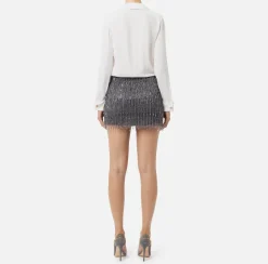 Elisabetta Franchi Red Carpet Dresses|Mini Dresses|Shirt mini-dress with sequin-embroidered skirt Ivory/Steel