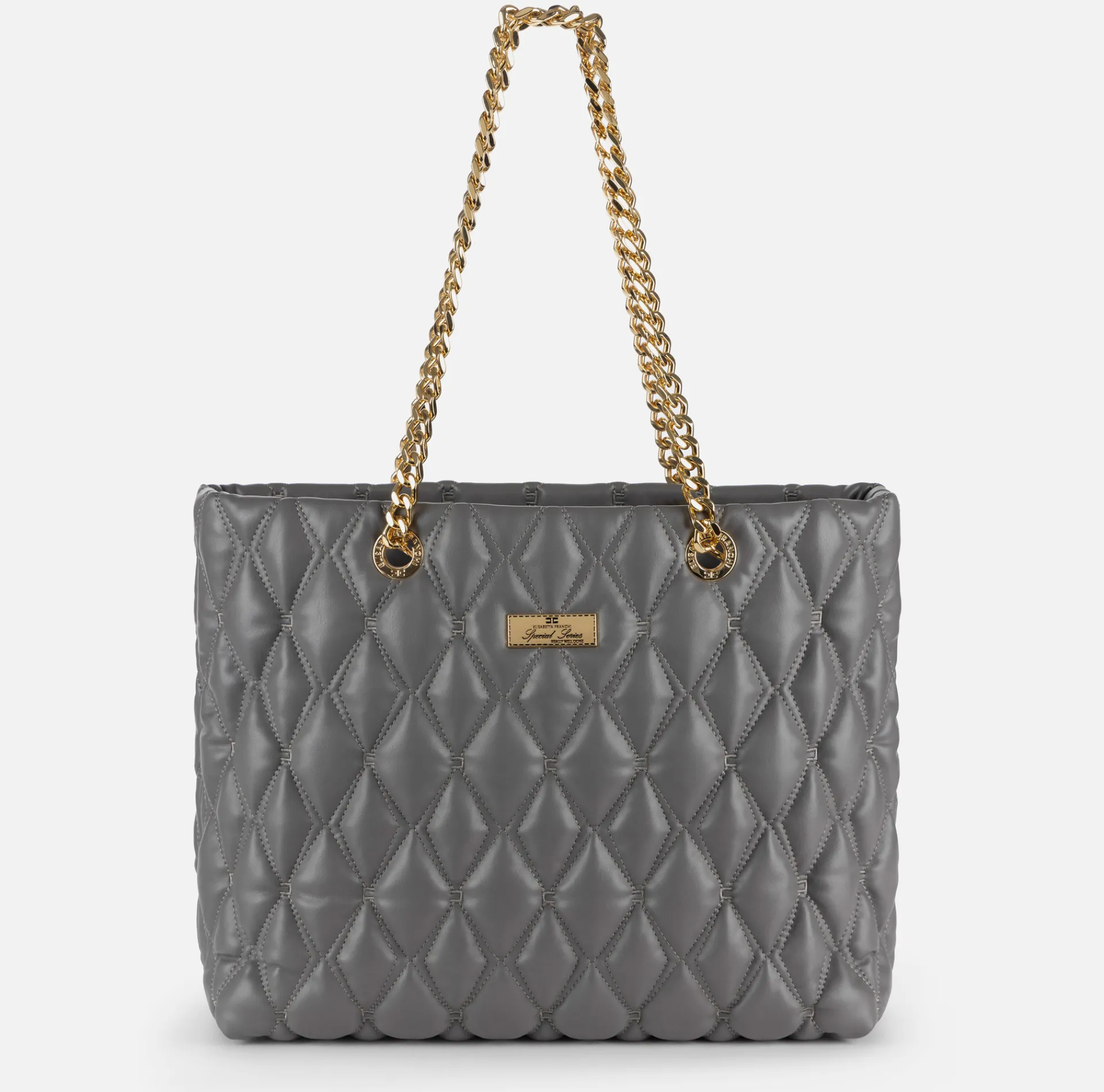 Elisabetta Franchi Shoulder Bags|Shopper bag in embossed fabric with chain handles Steel