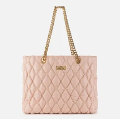 Elisabetta Franchi Shoulder Bags|Shopper bag in embossed fabric with chain handles Nude