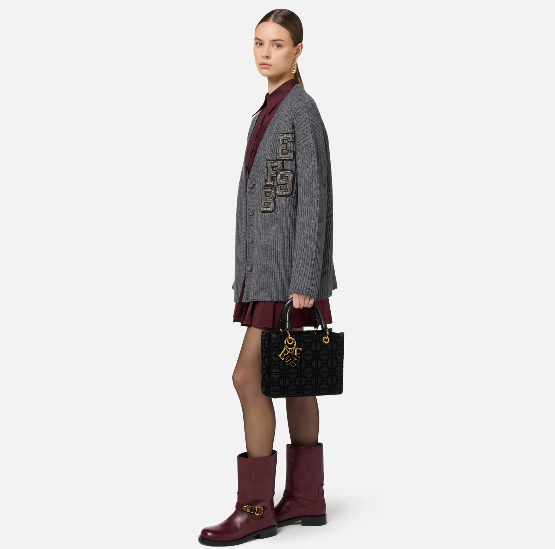 Elisabetta Franchi Handbags|Shopper bag in flock fabric with charms Black