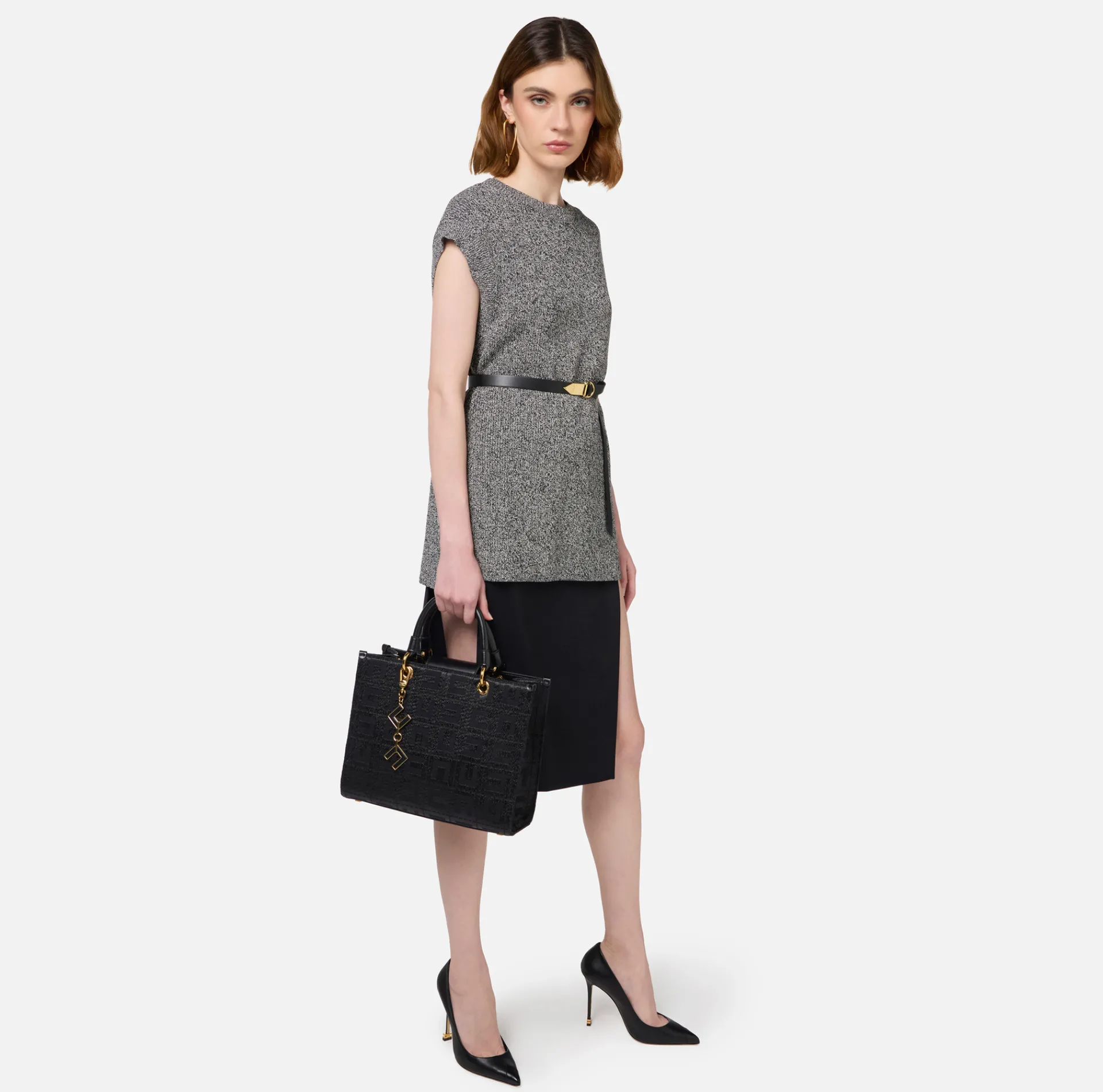 Elisabetta Franchi Handbags|Shopper bag in jacquard fabric with charms Black