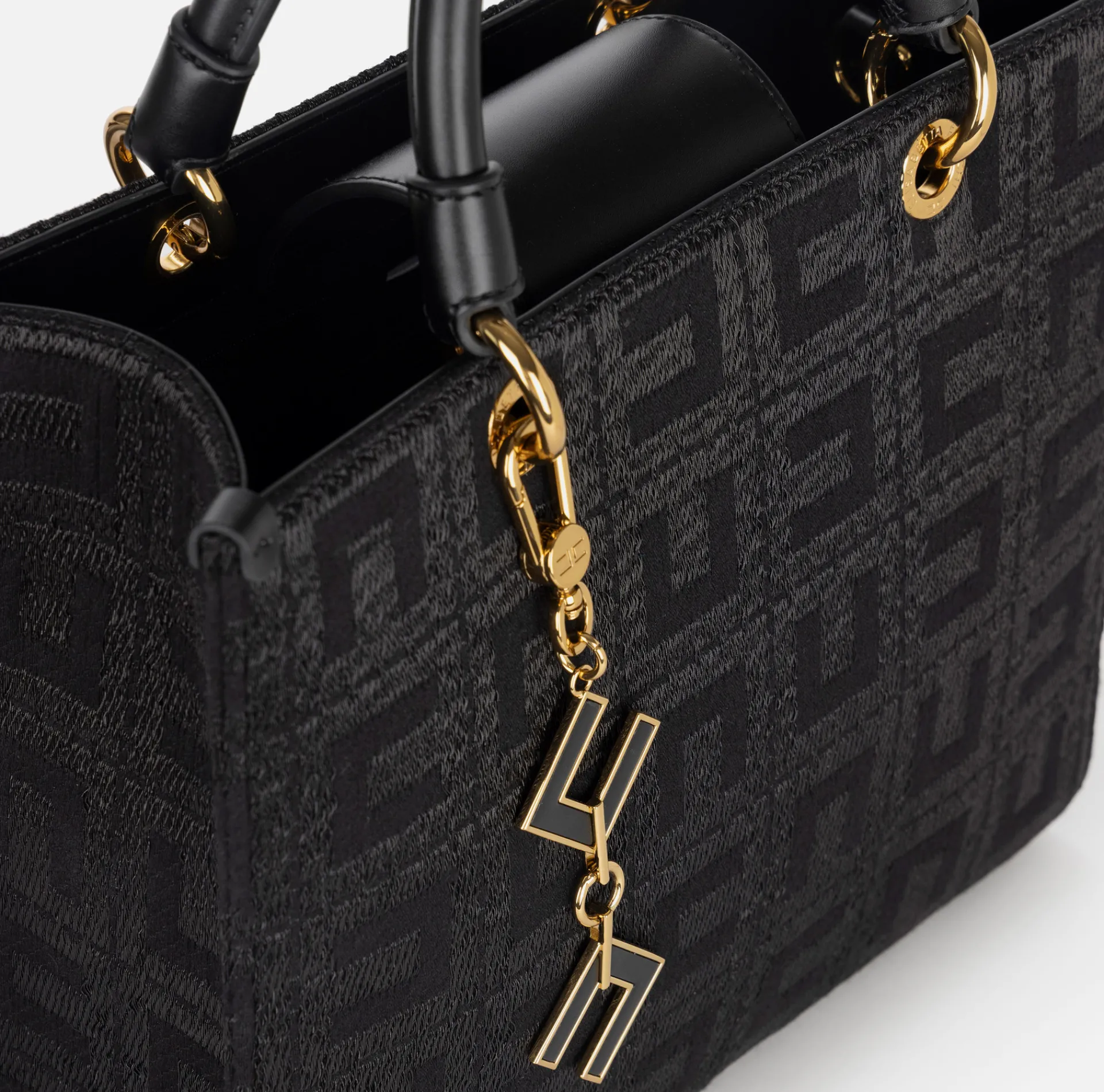Elisabetta Franchi Handbags|Shopper bag in jacquard fabric with charms Black