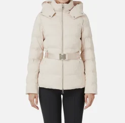 Elisabetta Franchi Coats And Jackets|Short down jacket in nylon jacquard with lettering Latex