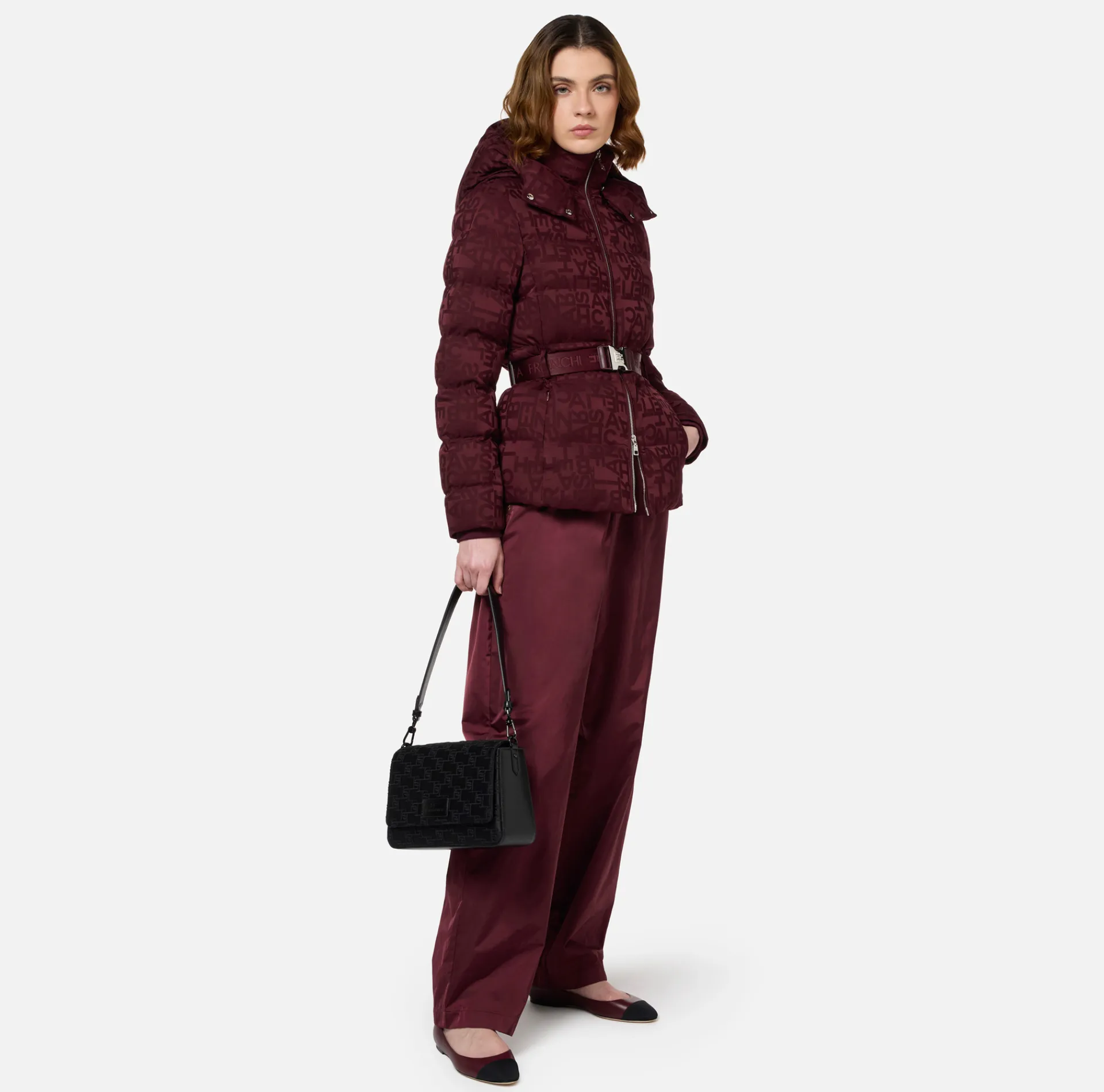 Elisabetta Franchi Coats And Jackets|Short down jacket in nylon jacquard with lettering