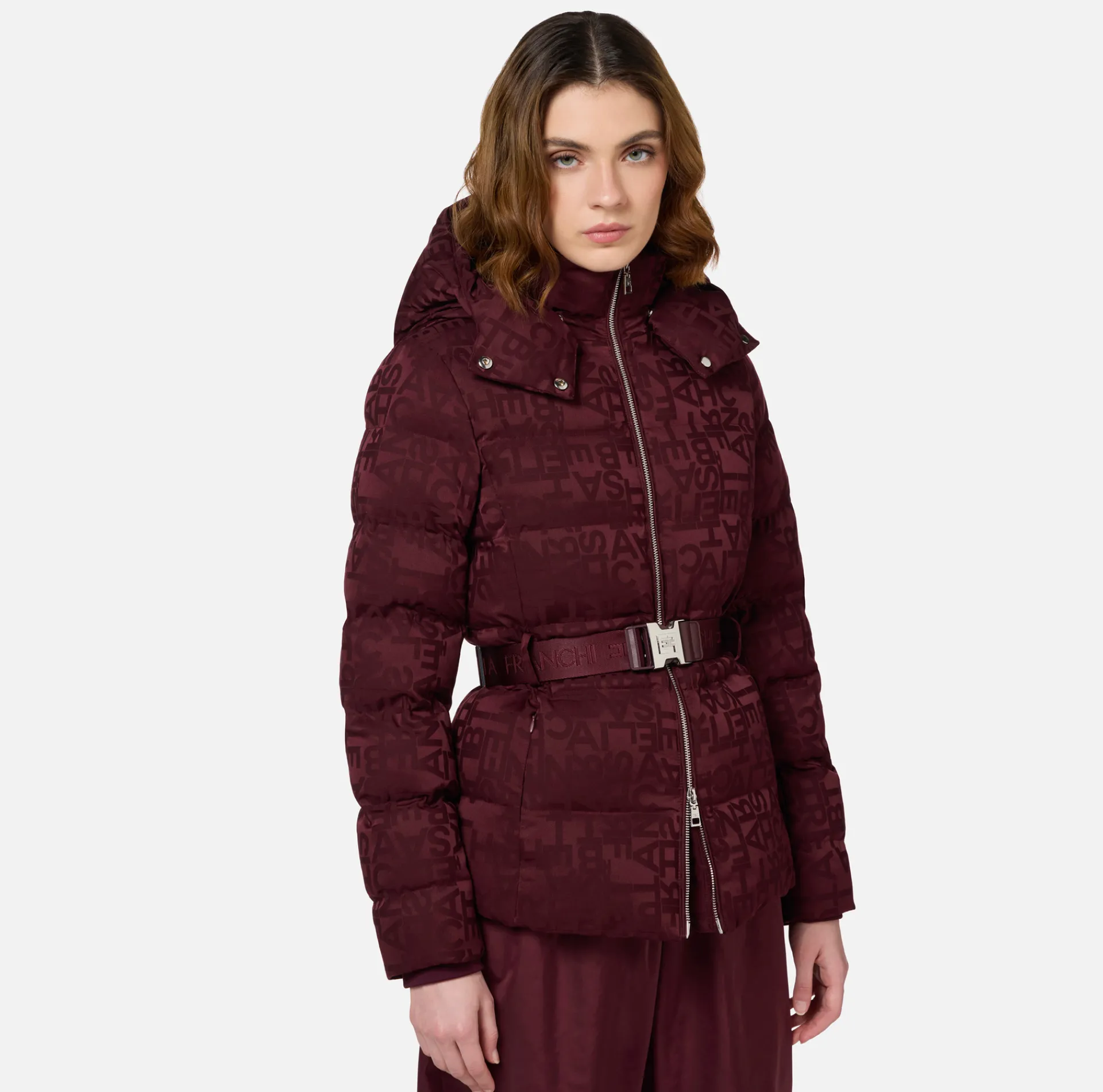 Elisabetta Franchi Coats And Jackets|Short down jacket in nylon jacquard with lettering