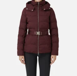 Elisabetta Franchi Coats And Jackets|Short down jacket in nylon jacquard with lettering RougeNoir