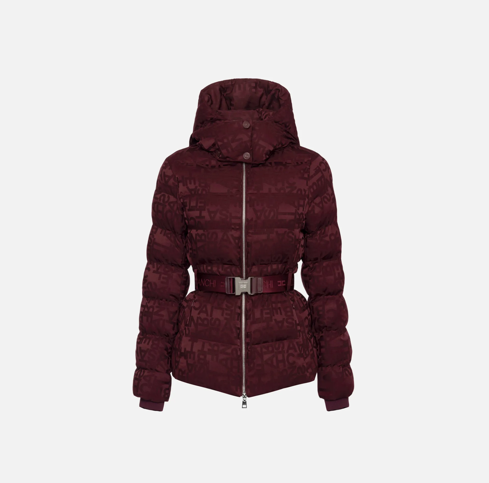 Elisabetta Franchi Coats And Jackets|Short down jacket in nylon jacquard with lettering RougeNoir