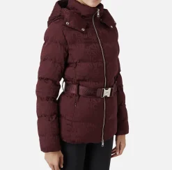 Elisabetta Franchi Coats And Jackets|Short down jacket in nylon jacquard with lettering RougeNoir