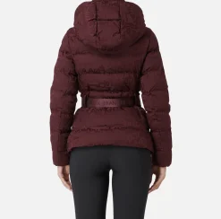 Elisabetta Franchi Coats And Jackets|Short down jacket in nylon jacquard with lettering RougeNoir