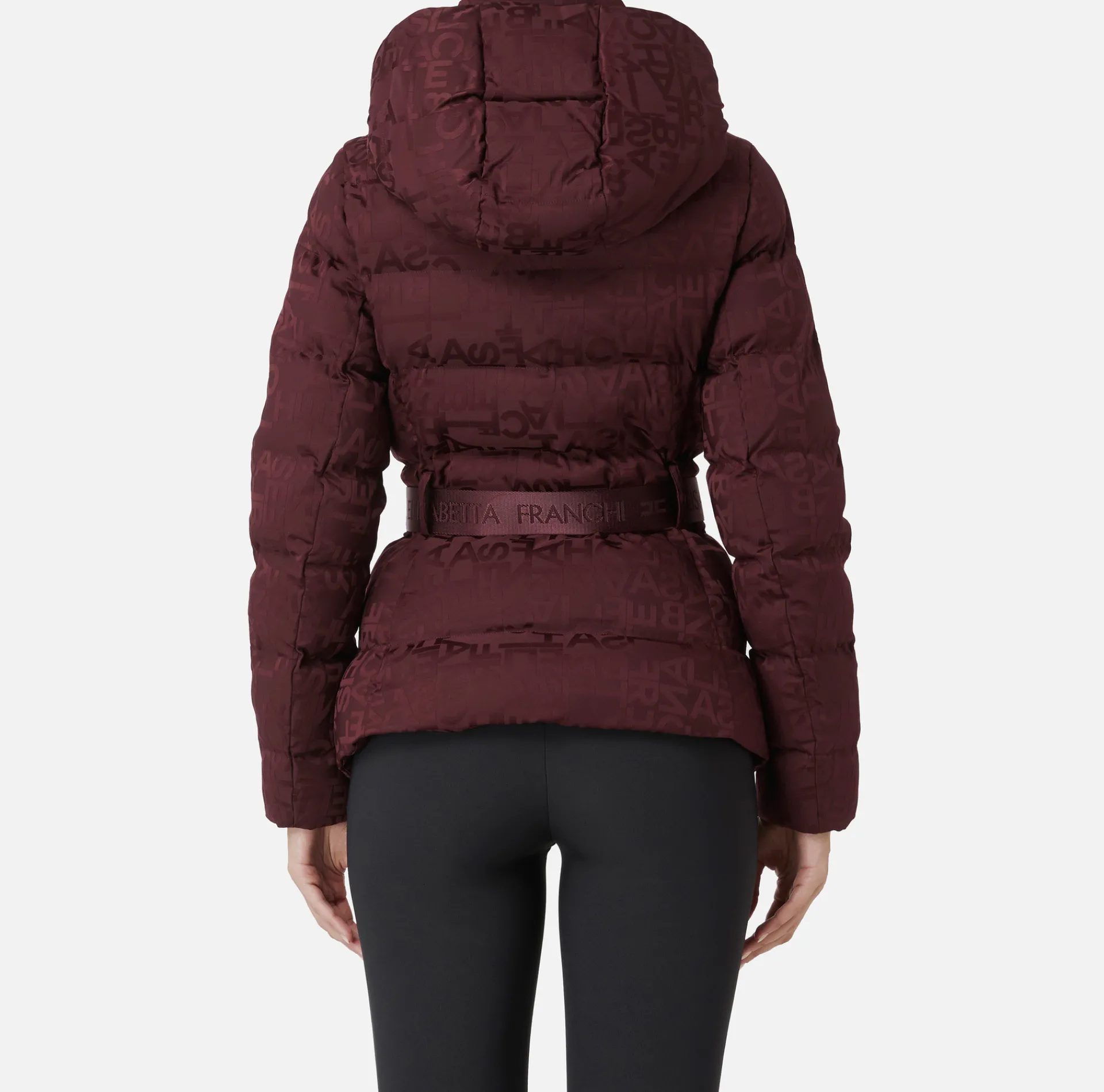 Elisabetta Franchi Coats And Jackets|Short down jacket in nylon jacquard with lettering RougeNoir