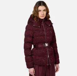 Elisabetta Franchi Coats And Jackets|Short down jacket in nylon jacquard with lettering RougeNoir