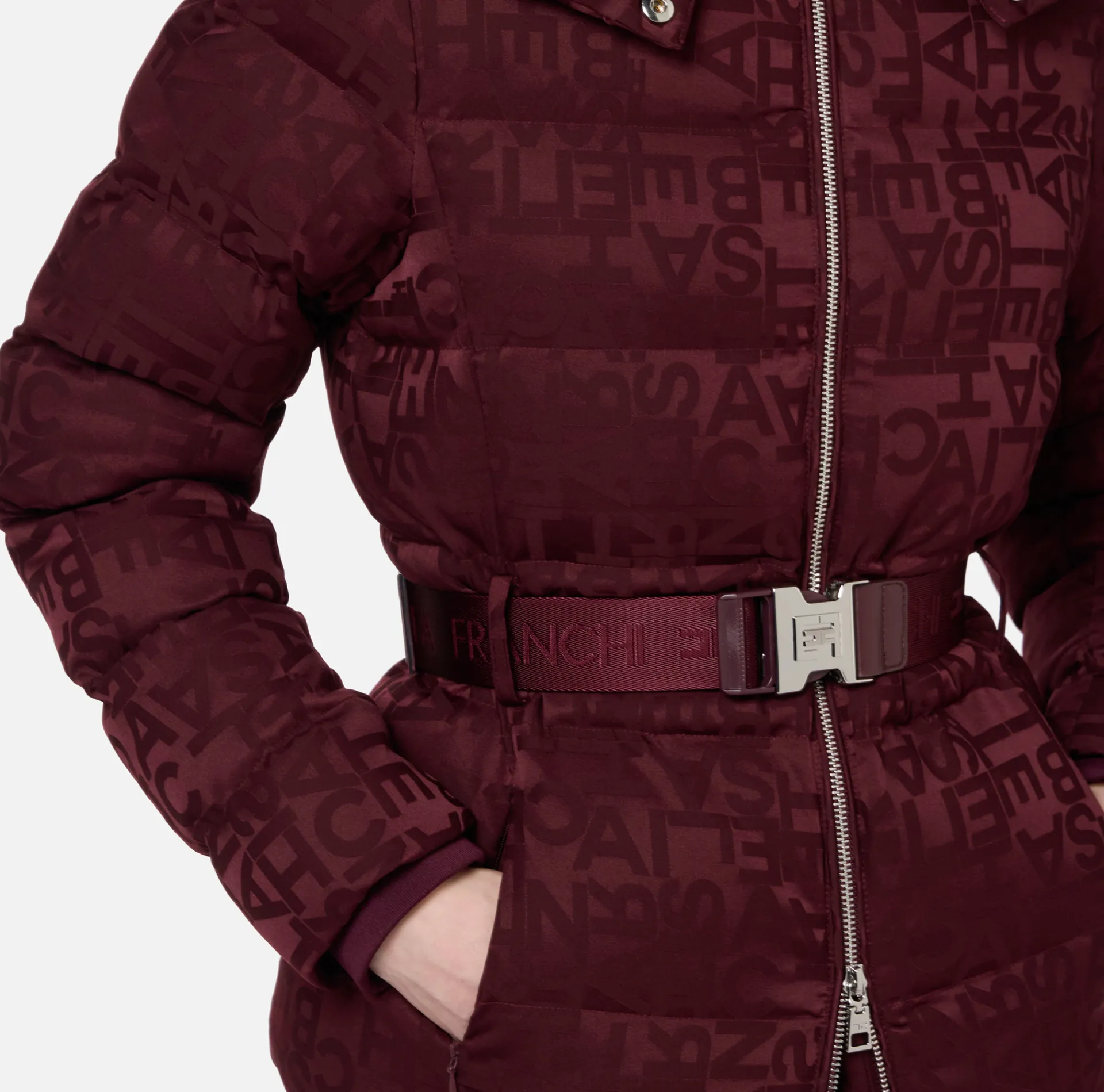 Elisabetta Franchi Coats And Jackets|Short down jacket in nylon jacquard with lettering RougeNoir