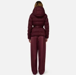 Elisabetta Franchi Coats And Jackets|Short down jacket in nylon jacquard with lettering RougeNoir