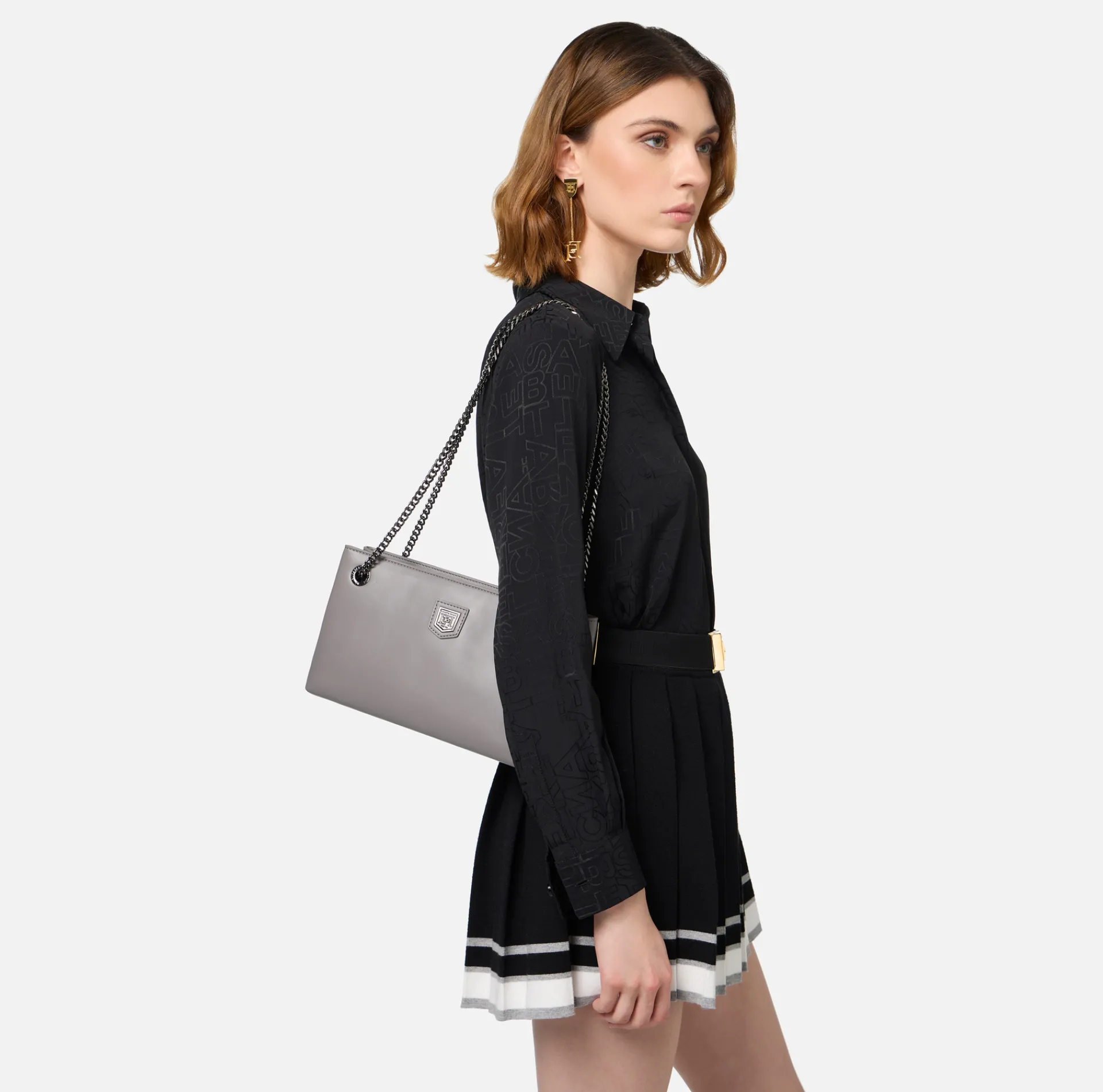 Elisabetta Franchi Shoulder Bags|Shoulder bag with silver metal shield Steel