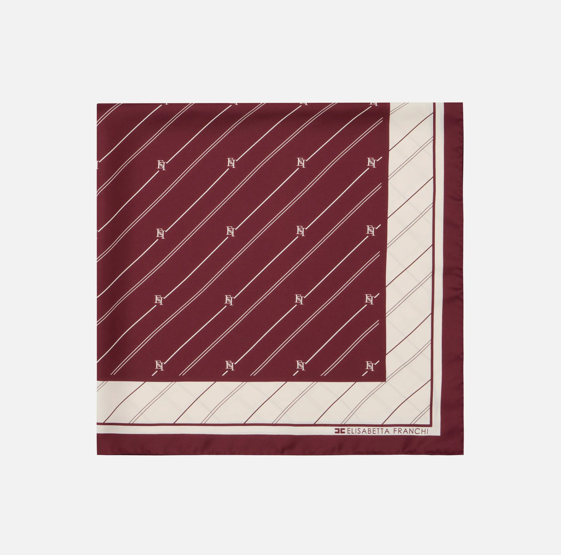 Elisabetta Franchi Scarves|Silk foulard scarf with diagonal stripe pattern and logo RougeNoir/Butter