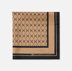Elisabetta Franchi Scarves|Silk foulard scarf with diamond pattern and logo Camel/Black