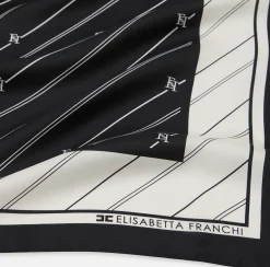 Elisabetta Franchi Scarves|Silk foulard scarf with diagonal stripe pattern and logo Black/Butter