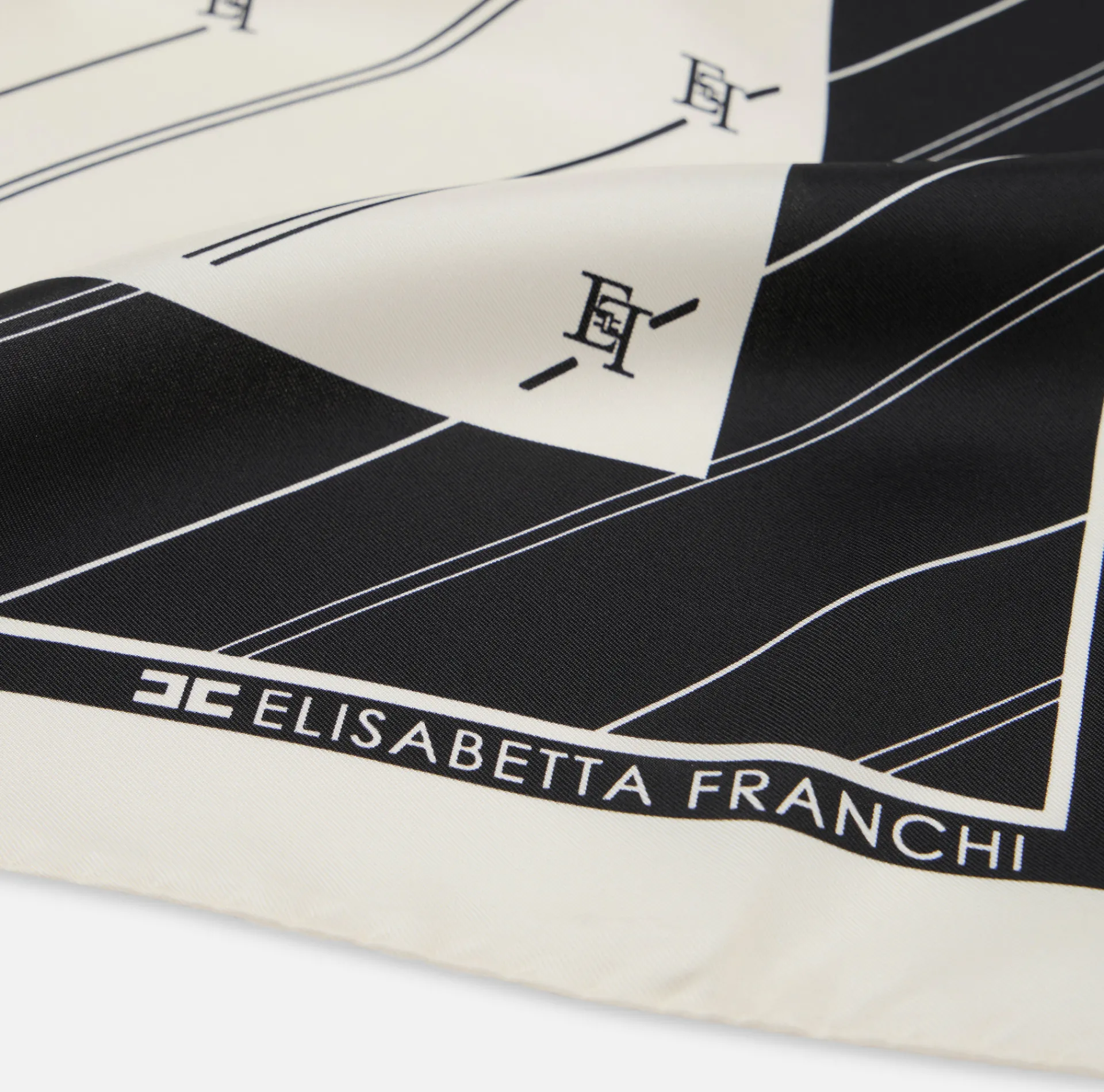 Elisabetta Franchi Scarves|Silk foulard scarf with diagonal stripe pattern and logo Butter/Black