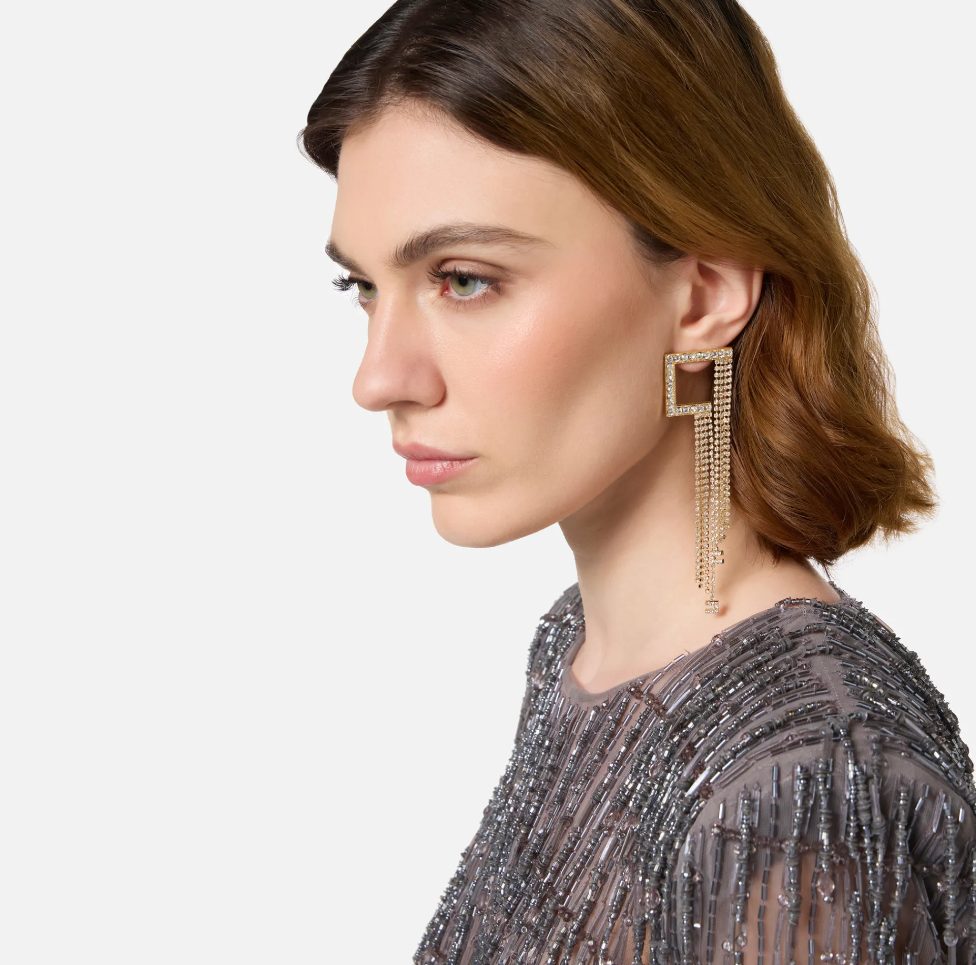 Elisabetta Franchi Jewelry|Silver metal logo earrings with pendant features YellowGold
