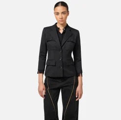 Elisabetta Franchi Jackets And Trench Coats|Single-breasted cool wool jacket with pockets Black
