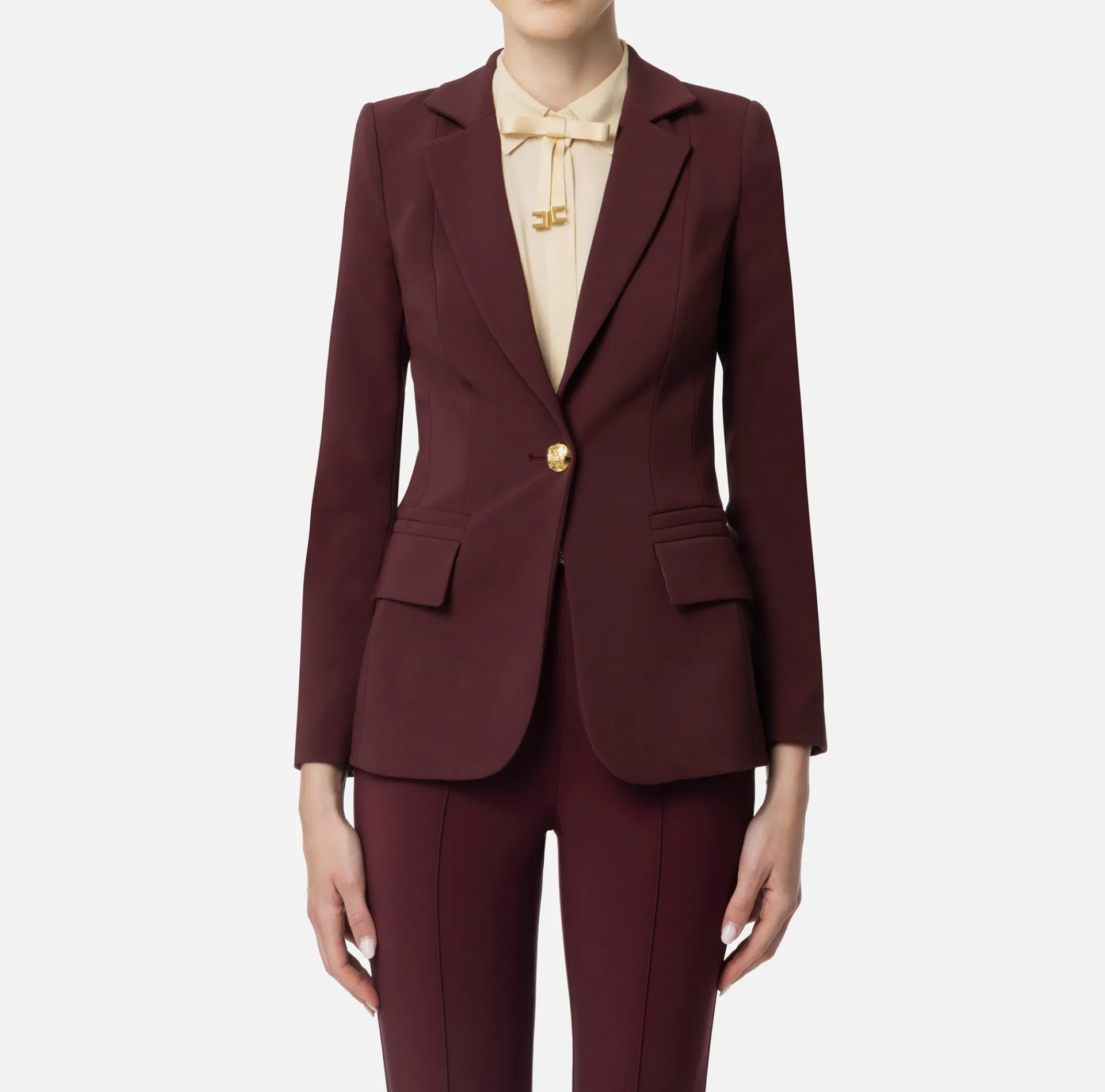 Elisabetta Franchi Jackets And Trench Coats|Tailleur|Slim-fit jacket in stretch crêpe RougeNoir