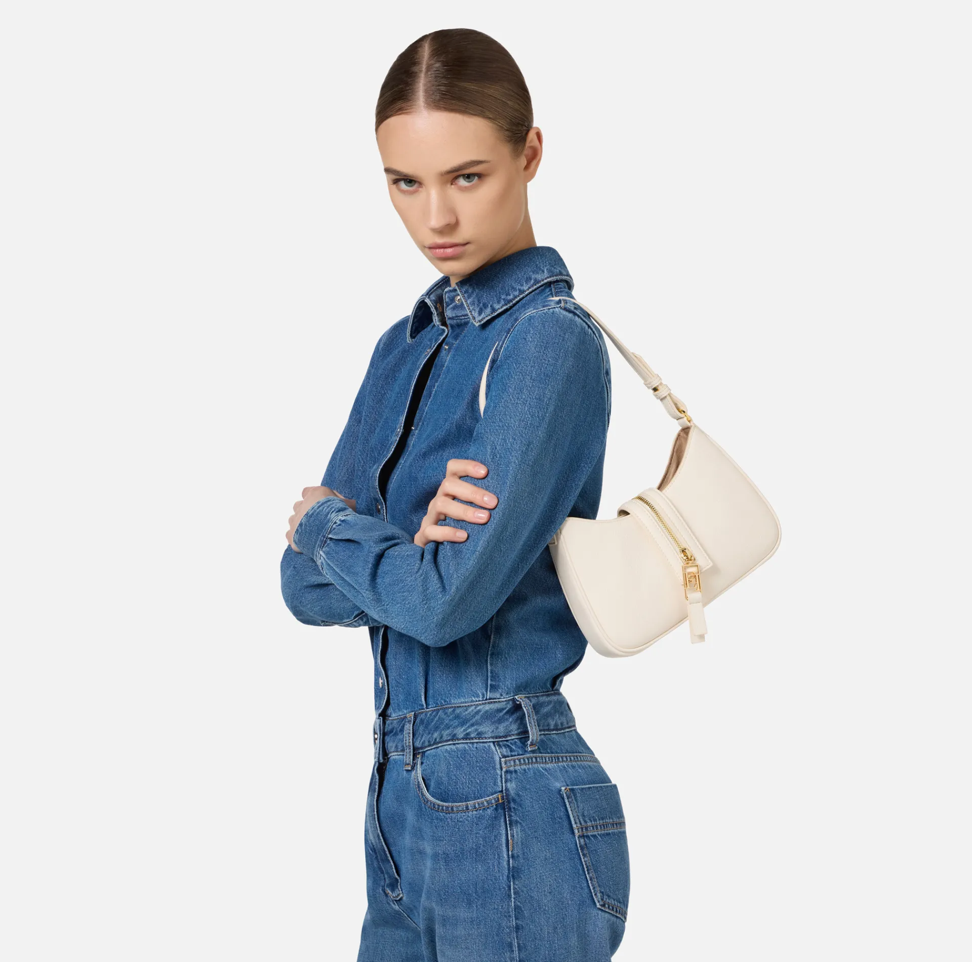 Elisabetta Franchi Shoulder Bags|Small hobo bag in leather-effect material with zip Butter
