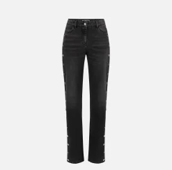 Elisabetta Franchi Jeans|Straight cotton jeans with buttons on the hips Blackdenim