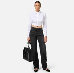 Elisabetta Franchi Jeans|Straight cotton jeans with buttons on the hips Blackdenim