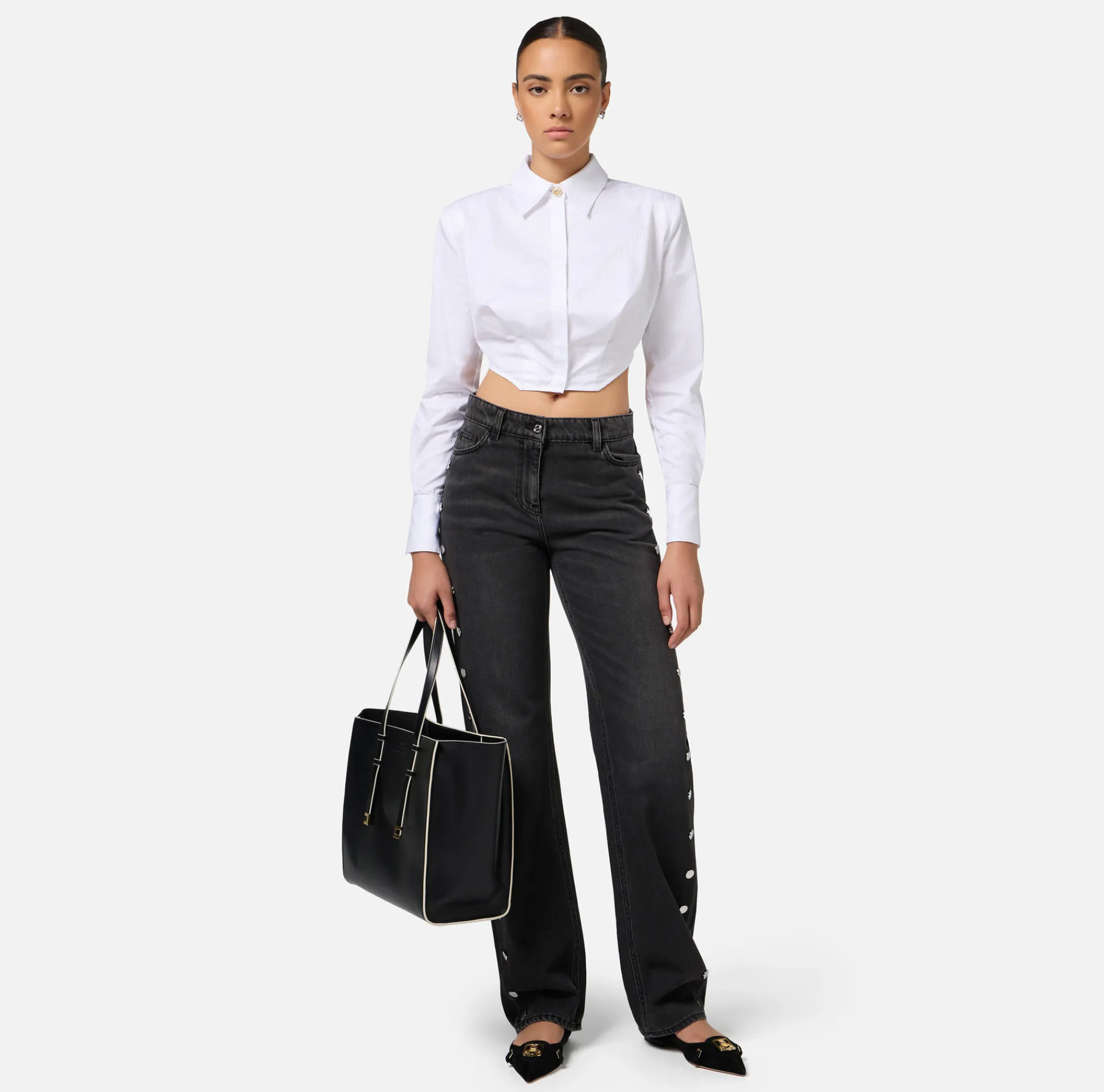 Elisabetta Franchi Jeans|Straight cotton jeans with buttons on the hips Blackdenim