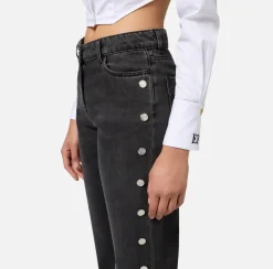 Elisabetta Franchi Jeans|Straight cotton jeans with buttons on the hips Blackdenim