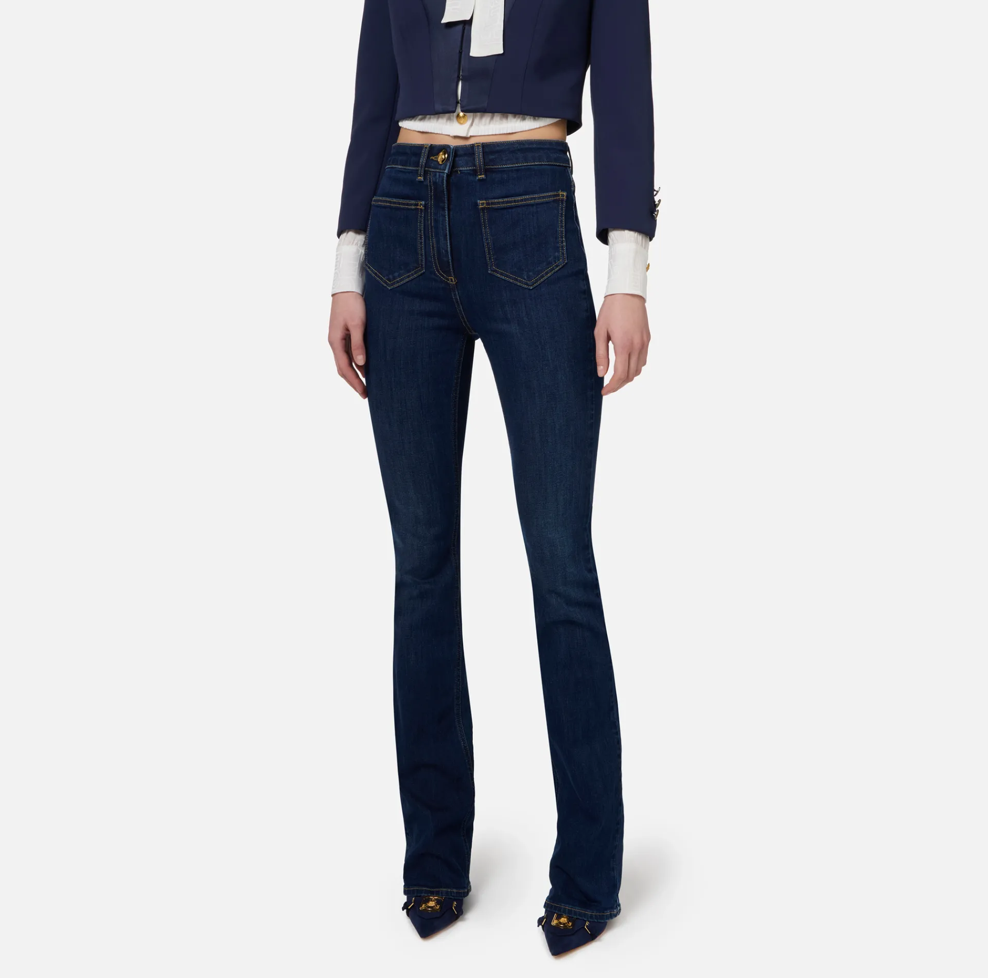 Elisabetta Franchi Jeans|Straight jeans in stretch cotton with logo plaques DenimBlue