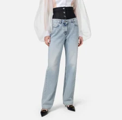 Elisabetta Franchi Jeans|Straight organic cotton jeans with neoprene corset Lightdenim