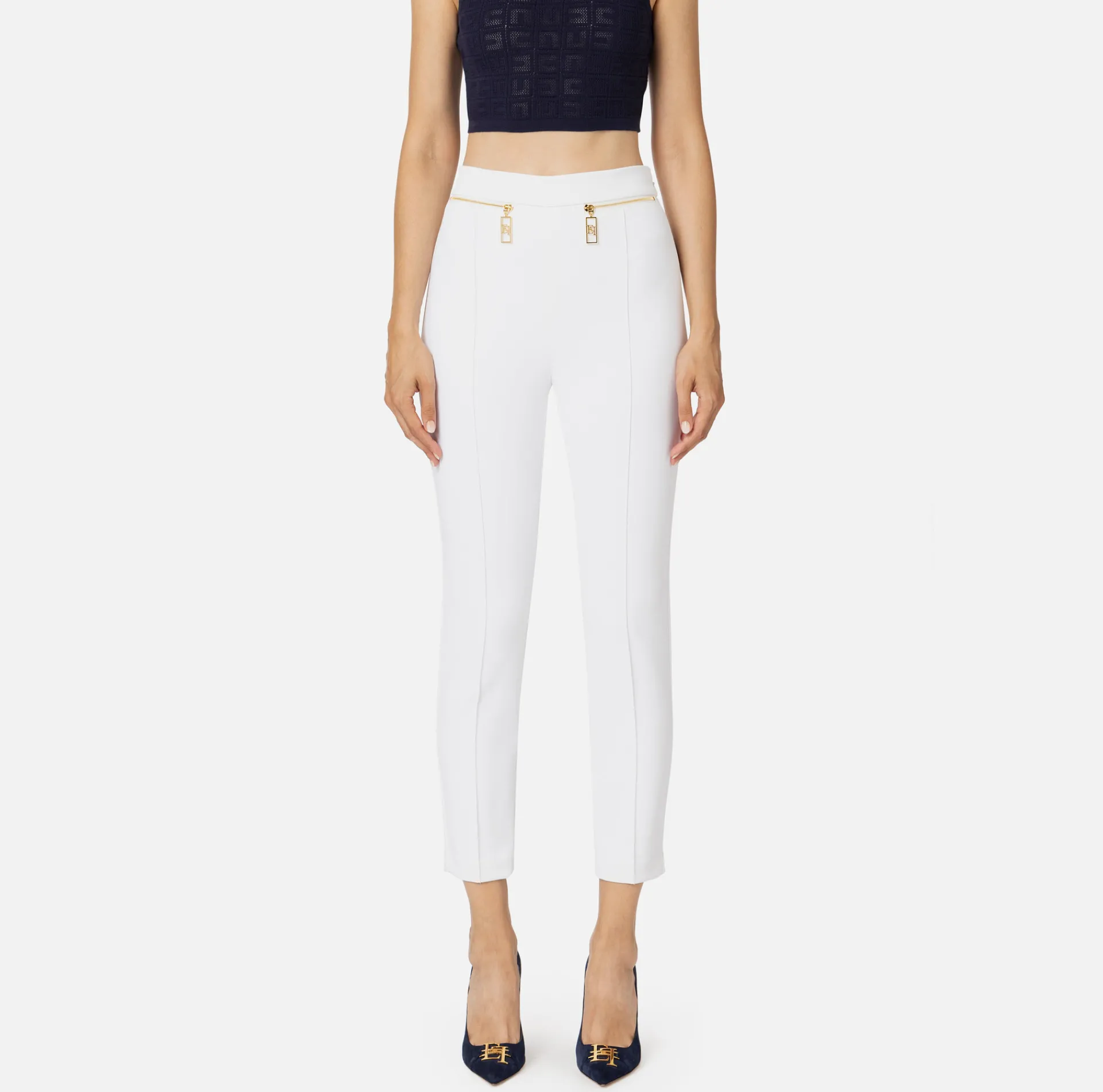 Elisabetta Franchi Trousers And Shorts|Tailleur|Straight trousers in crêpe fabric with zip Ivory