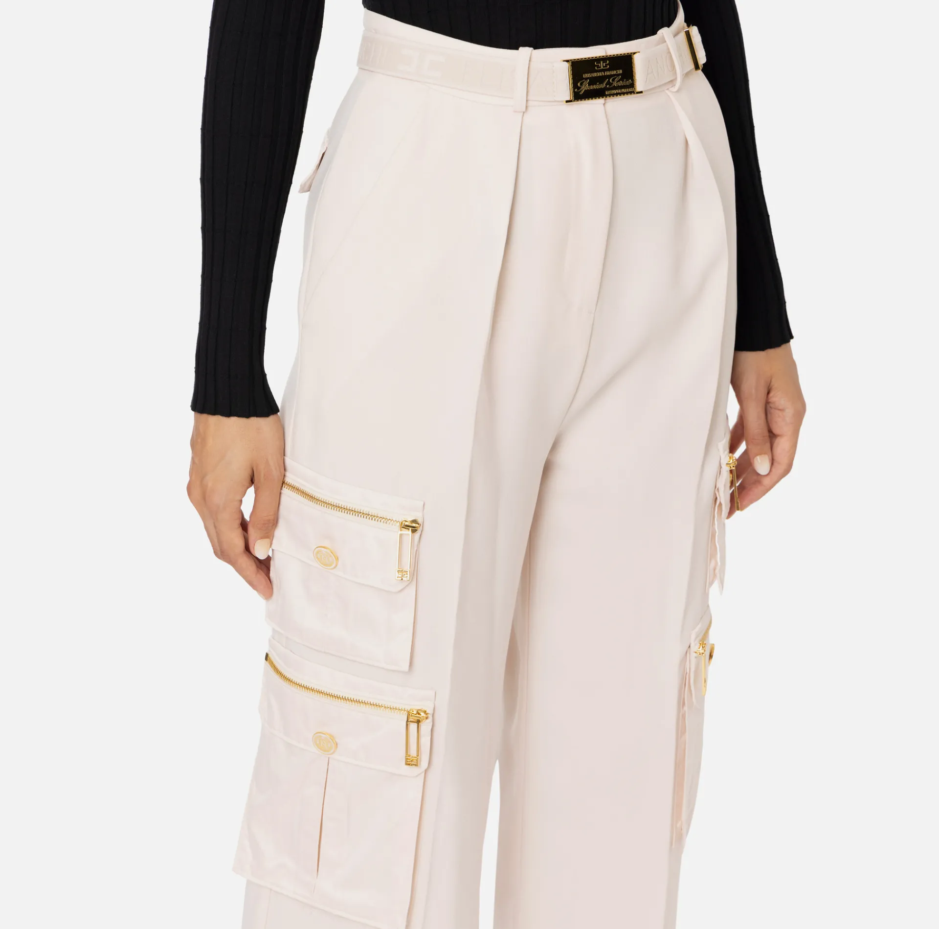 Elisabetta Franchi Trousers And Shorts|Straight trousers in crêpe fabric with pockets and belt Latex