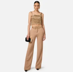 Elisabetta Franchi Trousers And Shorts|Straight trousers in crêpe fabric with emblem embroidery Camel
