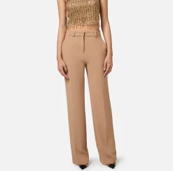 Elisabetta Franchi Trousers And Shorts|Straight trousers in crêpe fabric with emblem embroidery Camel