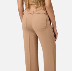 Elisabetta Franchi Trousers And Shorts|Straight trousers in crêpe fabric with emblem embroidery Camel