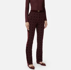 Elisabetta Franchi Trousers And Shorts|Tailleur|Straight trousers in flock crêpe fabric with belt RougeNoir