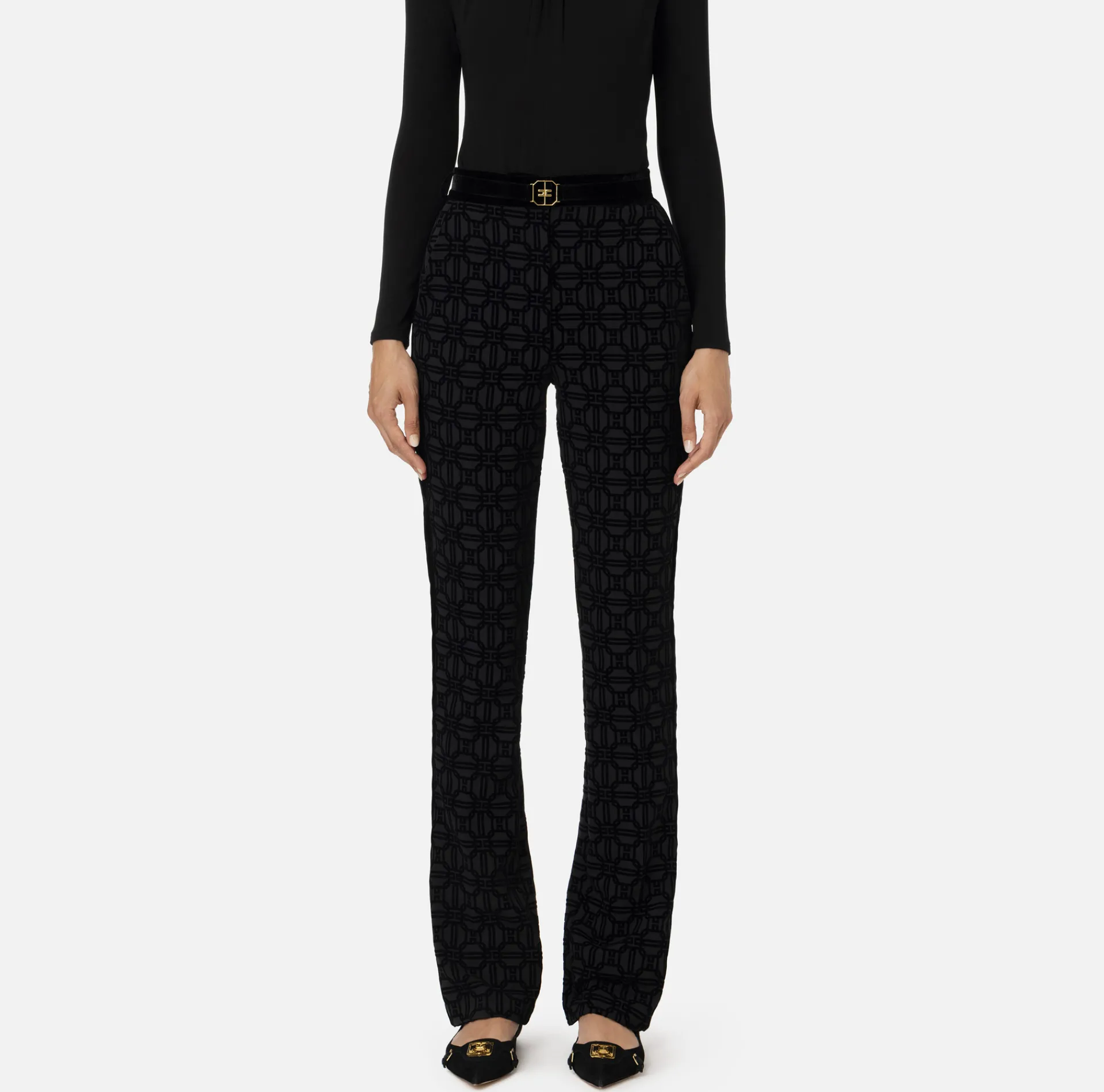 Elisabetta Franchi Trousers And Shorts|Tailleur|Straight trousers in flock crêpe fabric with belt Black