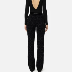 Elisabetta Franchi Trousers And Shorts|Tailleur|Straight trousers in flock crêpe fabric with belt Black