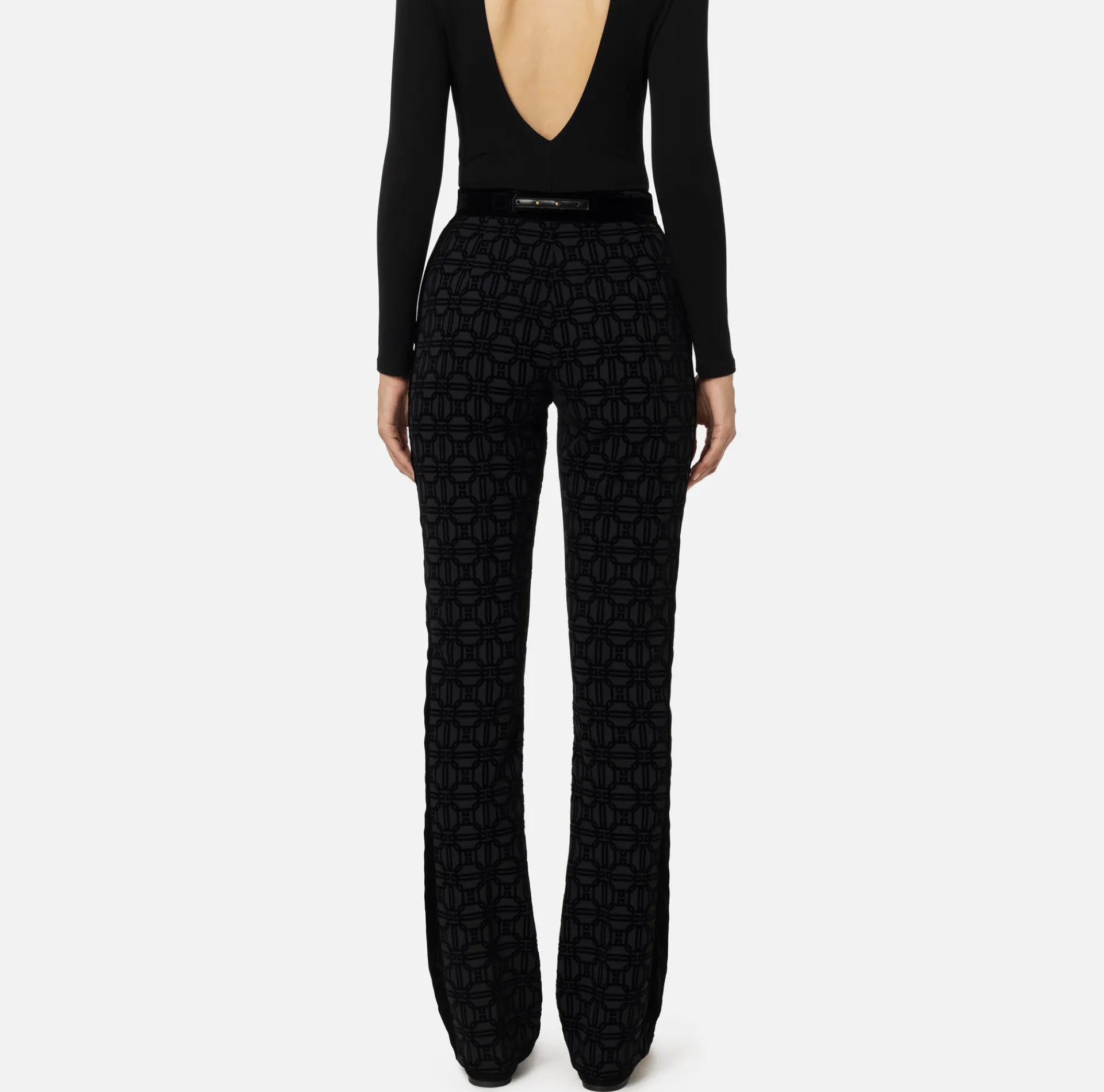 Elisabetta Franchi Trousers And Shorts|Tailleur|Straight trousers in flock crêpe fabric with belt Black